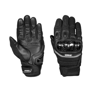 Motodrift Rynox Striker GT all-black short-cuff motorcycle gloves with carbon-fibre knuckle protectors and leather palm