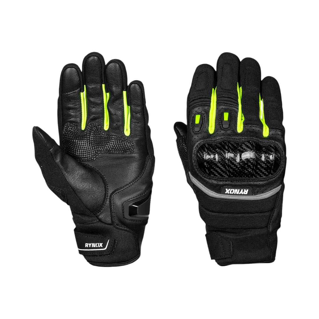 Motodrift Rynox Striker GT black leather motorcycle gloves with carbon fiber knuckle protection and neon yellow accents