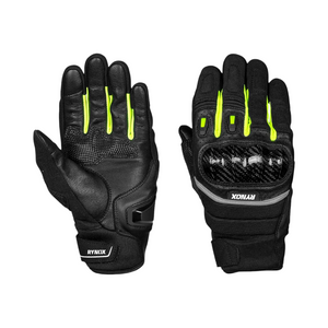 Motodrift Rynox Striker GT black leather motorcycle gloves with carbon fiber knuckle protection and neon yellow accents