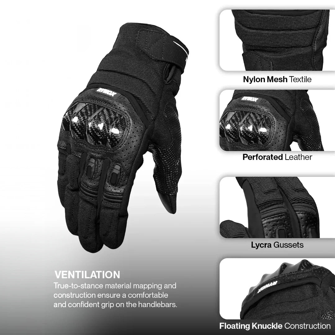 Motodrift Rynox Striker GT black motorcycle gloves featuring carbon-fibre knuckle protection and mesh ventilation.