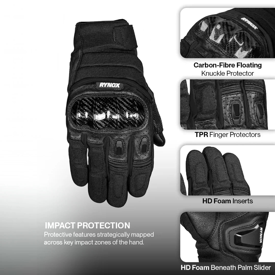 Motodrift Rynox Striker GT black motorcycle gloves with carbon-fibre knuckle protection and short-cuff design