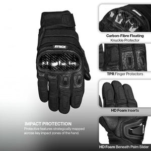 Motodrift Rynox Striker GT black motorcycle gloves with carbon-fibre knuckle protection and short-cuff design