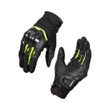 Motodrift Rynox Striker GT black short-cuff motorcycle gloves with carbon-fibre knuckle protectors and neon accents.