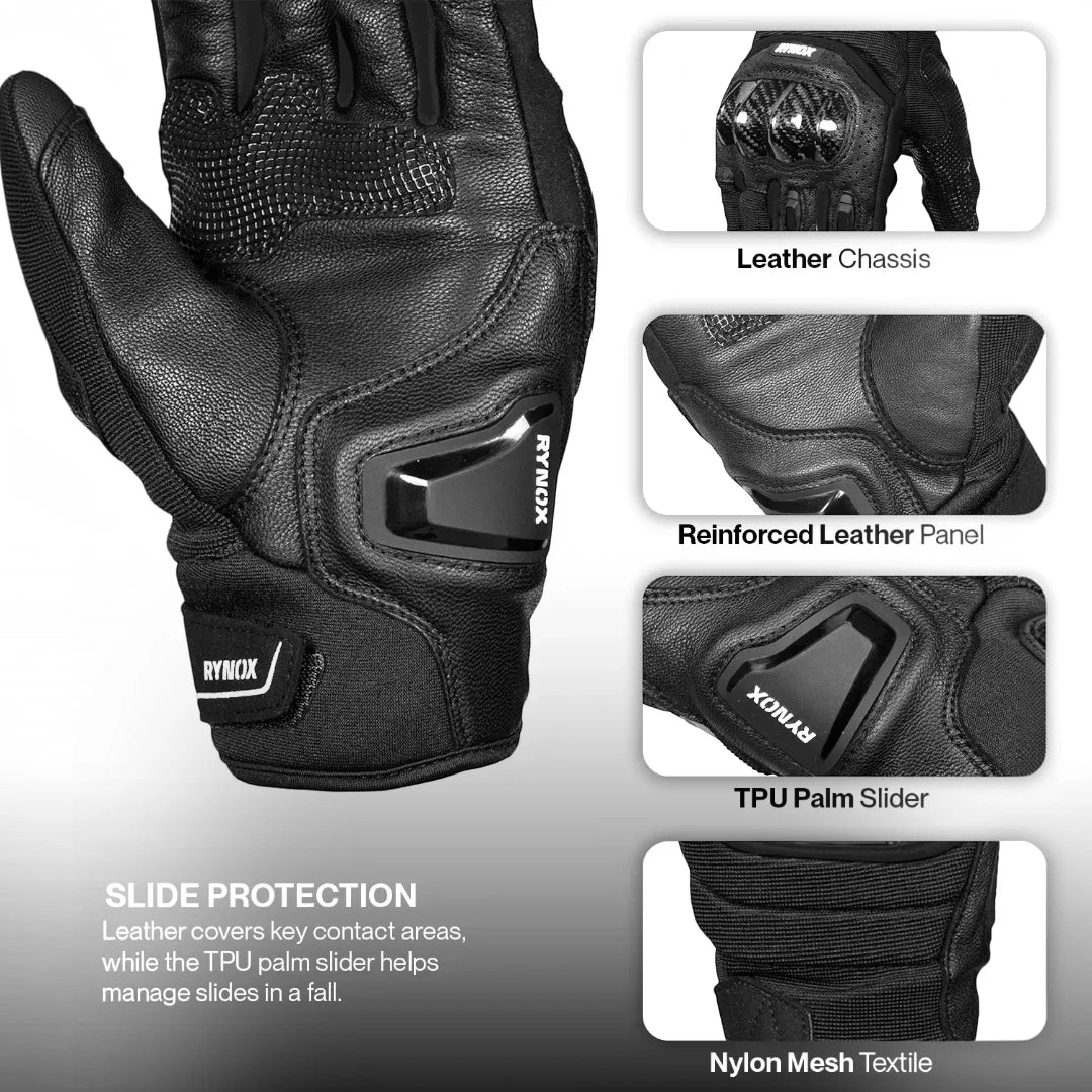 Motodrift Rynox Striker GT black leather motorcycle gloves featuring carbon-fibre knuckle protection and TPU sliders.