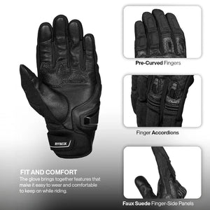 Motodrift Rynox Striker GT black motorcycle gloves showing palm, pre-curved fingers, and accordion joint details.