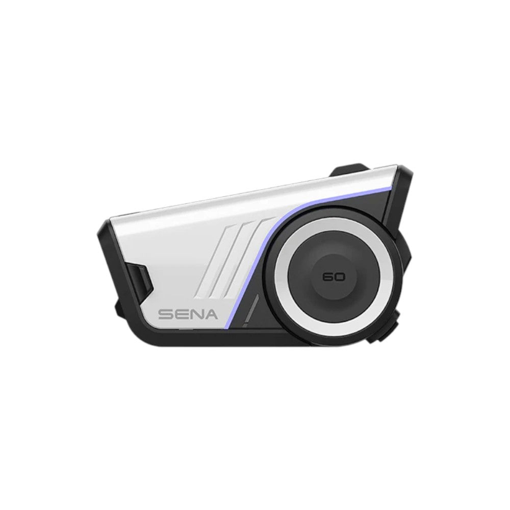 Motodrift Sena 60S motorcycle communication headset in white and black with a sleek, aerodynamic design.
