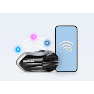 Motodrift Sena B20 Bluetooth motorcycle intercom system with smartphone connectivity icons on a light background