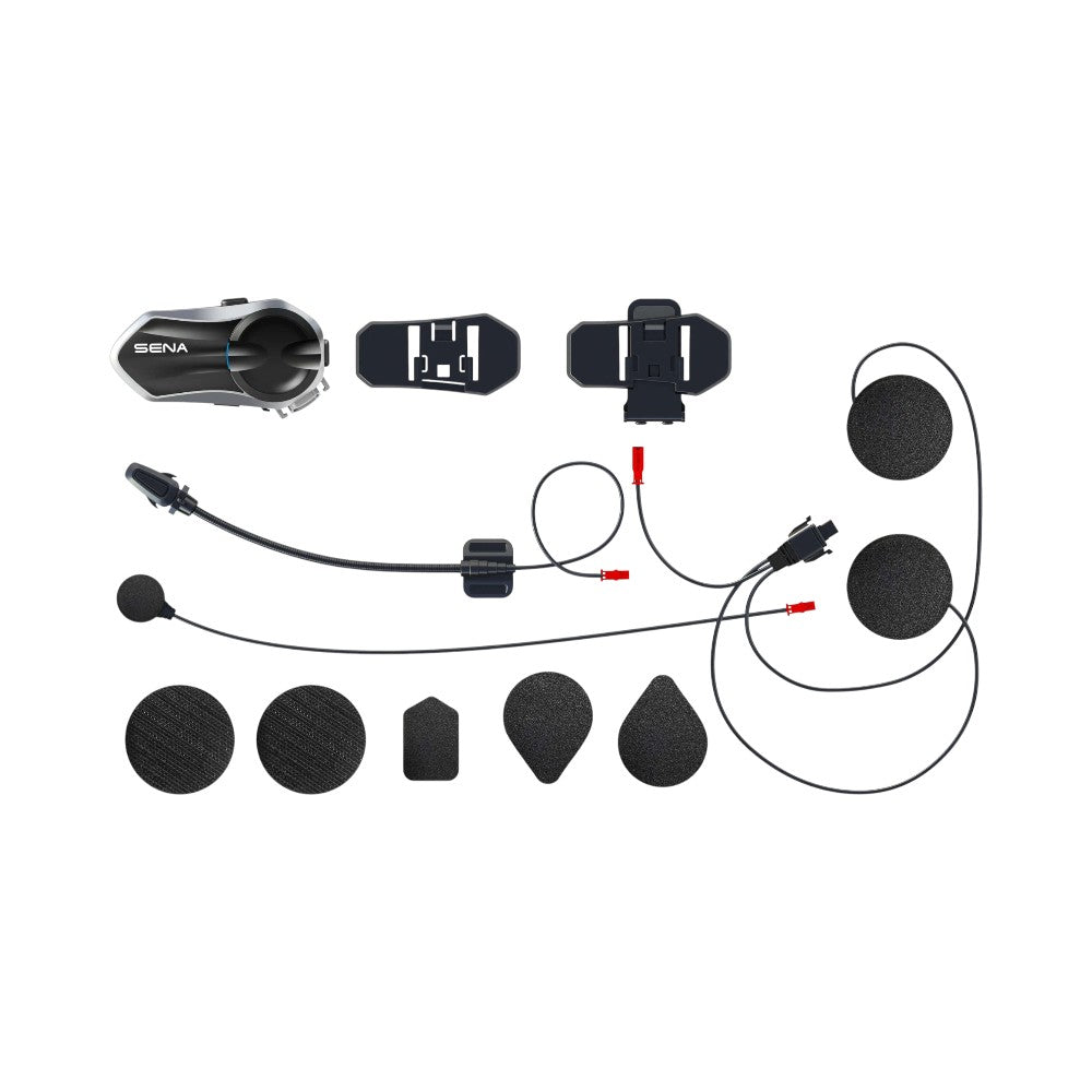 Motodrift Sena B20 helmet clamp kit with HD speakers, boom and wired microphones, and mounting hardware accessories.