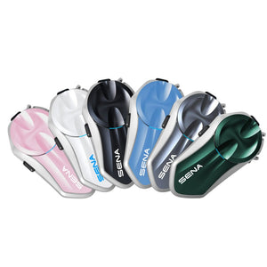 Motodrift Sena B20 Bluetooth communication systems in various colors including pink, white, black, blue, grey, and green.