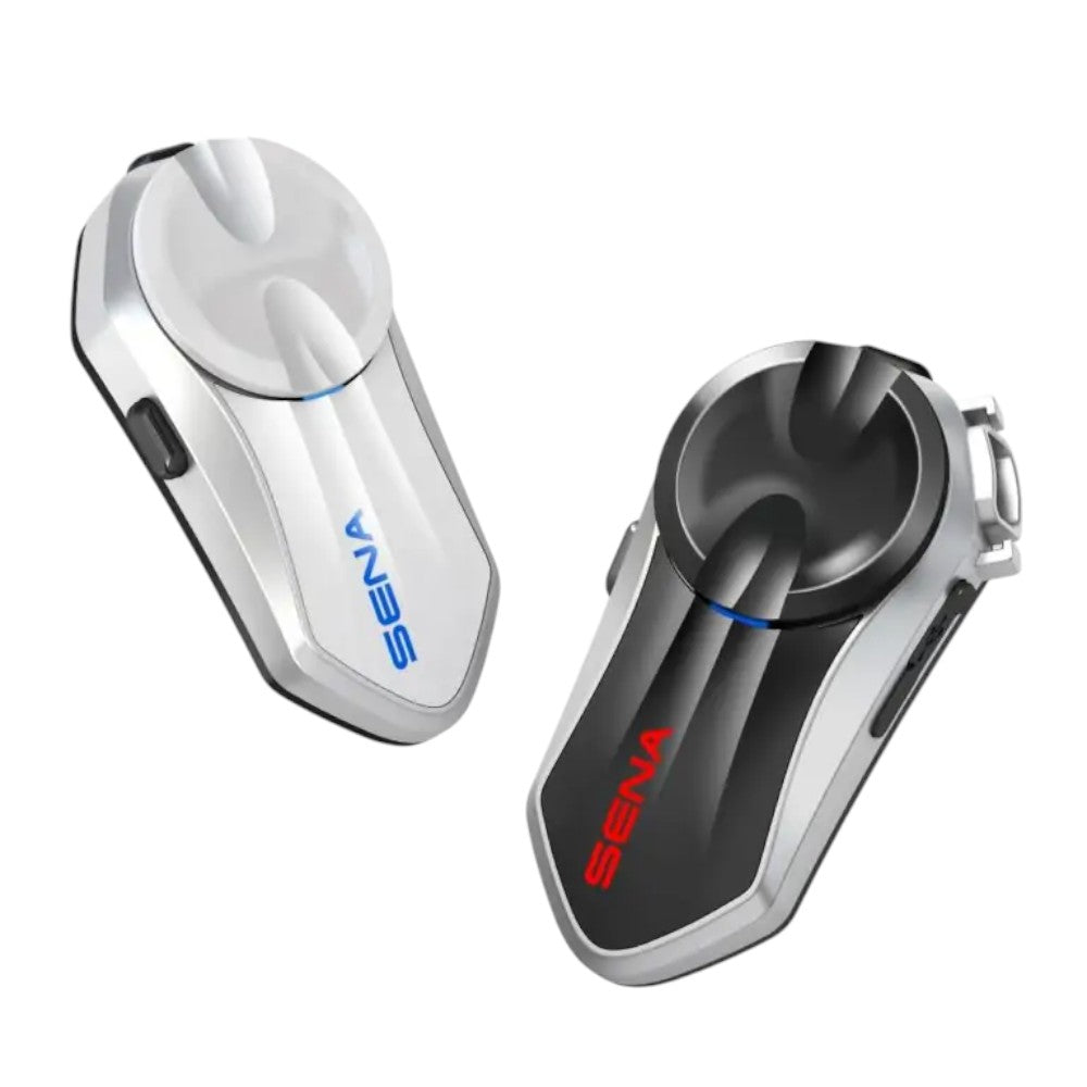 Motodrift Sena B20 Bluetooth motorcycle intercom units in white and black with sleek, waterproof design