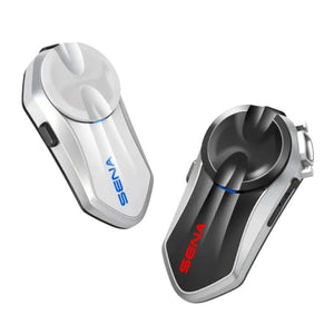 Motodrift Sena B20 Bluetooth motorcycle intercom units in white and black with sleek, waterproof design