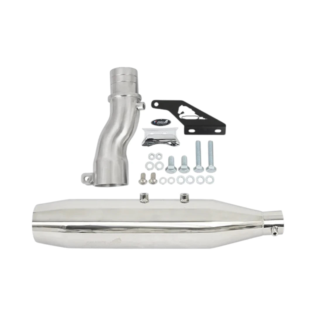 Motodrift Silver Stallion Blaze performance exhaust kit for Triumph Speed 400, T4, and Scrambler 400X motorcycles.