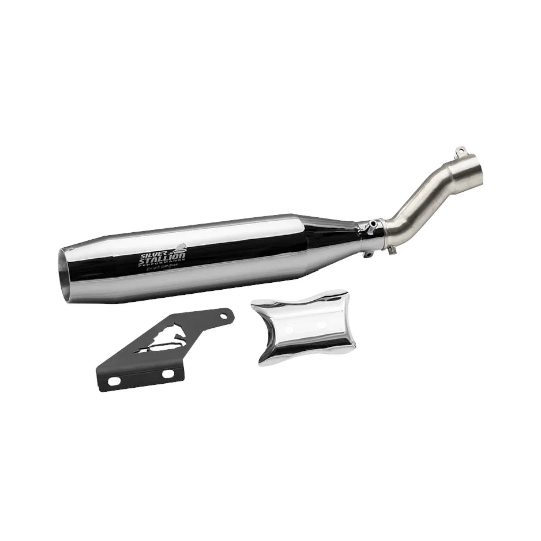 Motodrift Silver Stallion Blaze performance exhaust system for Triumph Speed 400, T4, and Scrambler 400X motorcycles.