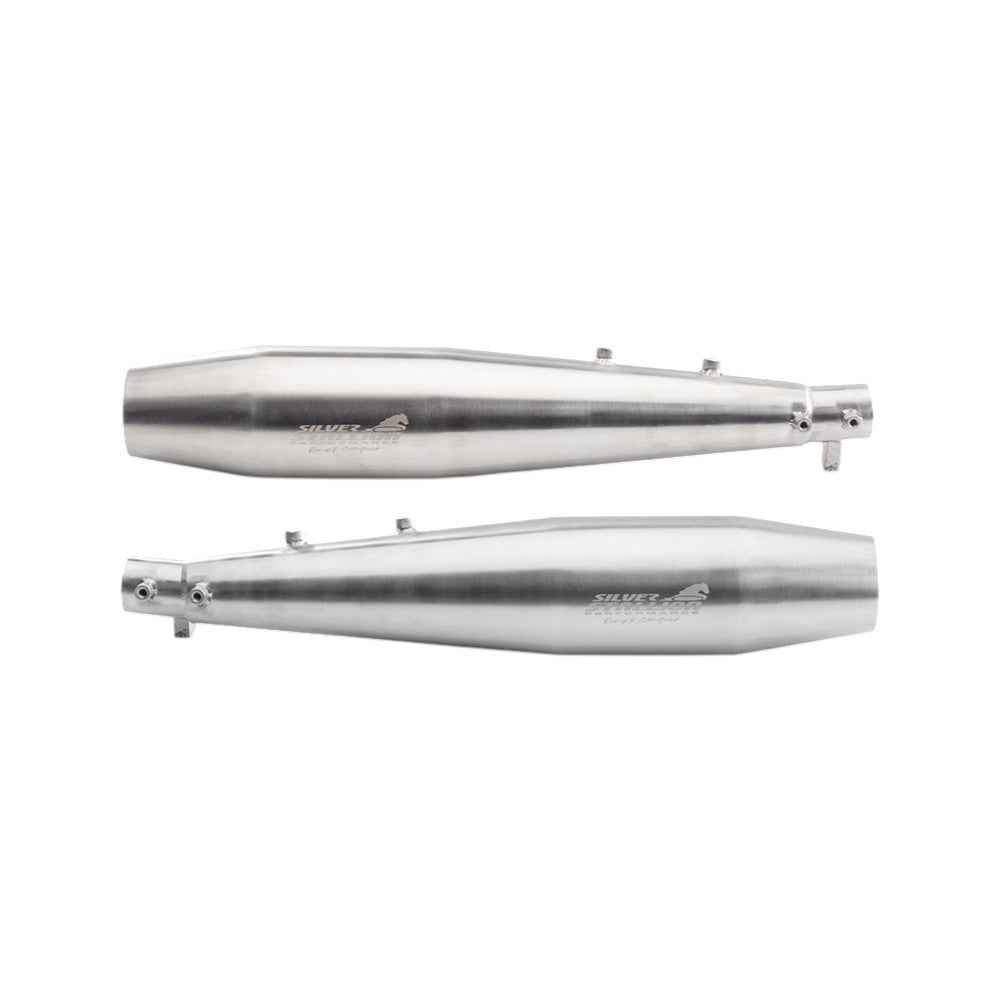 Motodrift Silver Stallion performance exhaust silencers for Royal Enfield Interceptor and GT 650 in brushed steel finish.