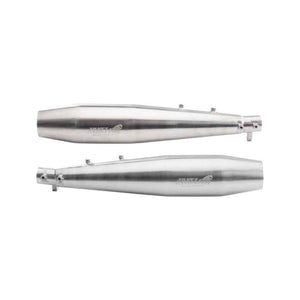 Motodrift Silver Stallion performance exhaust silencers for Royal Enfield Interceptor and GT 650 in brushed steel finish.