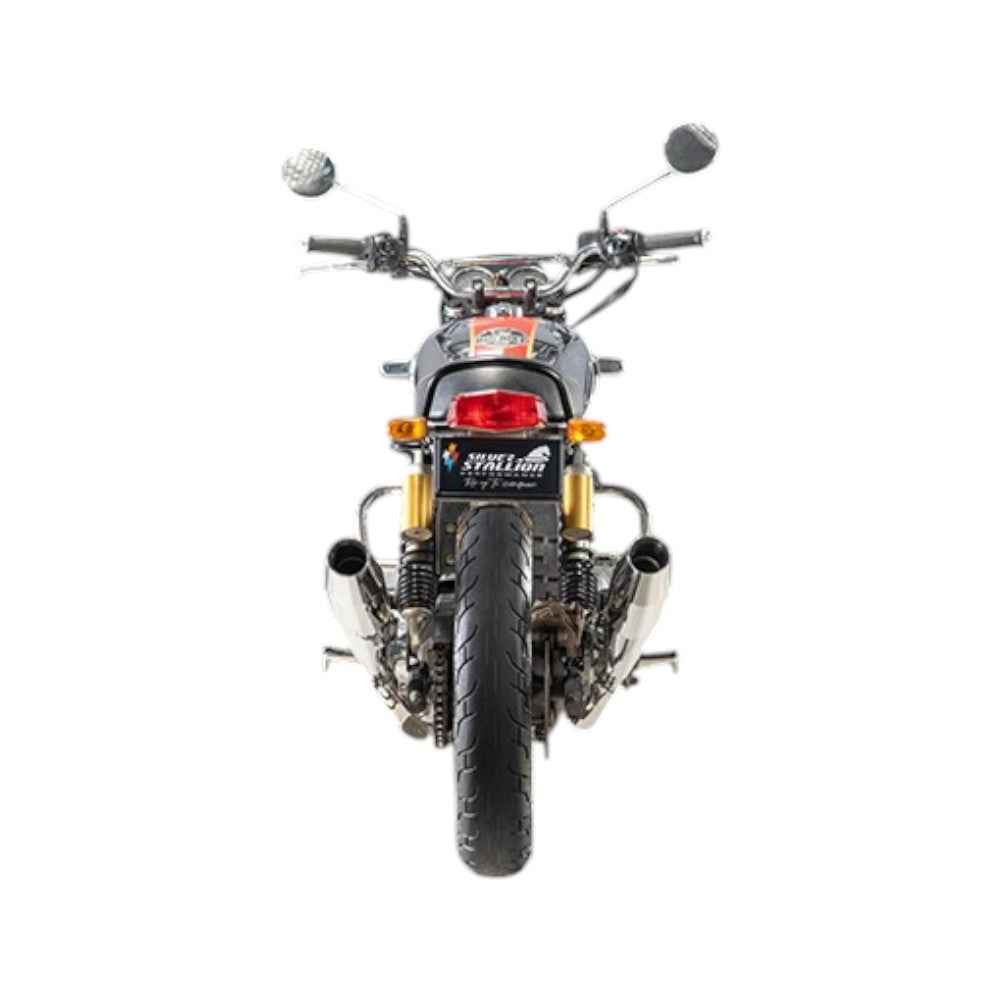 Motodrift Silver Stallion performance exhaust installed on a Royal Enfield Interceptor 650, rear view.