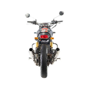 Motodrift Silver Stallion performance exhaust installed on a Royal Enfield Interceptor 650, rear view.