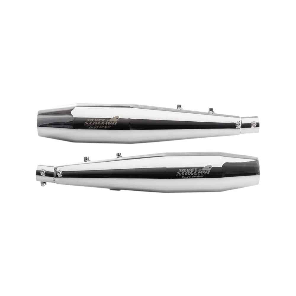 Motodrift Silver Stallion performance exhaust silencers in polished silver for Royal Enfield Interceptor and GT 650.