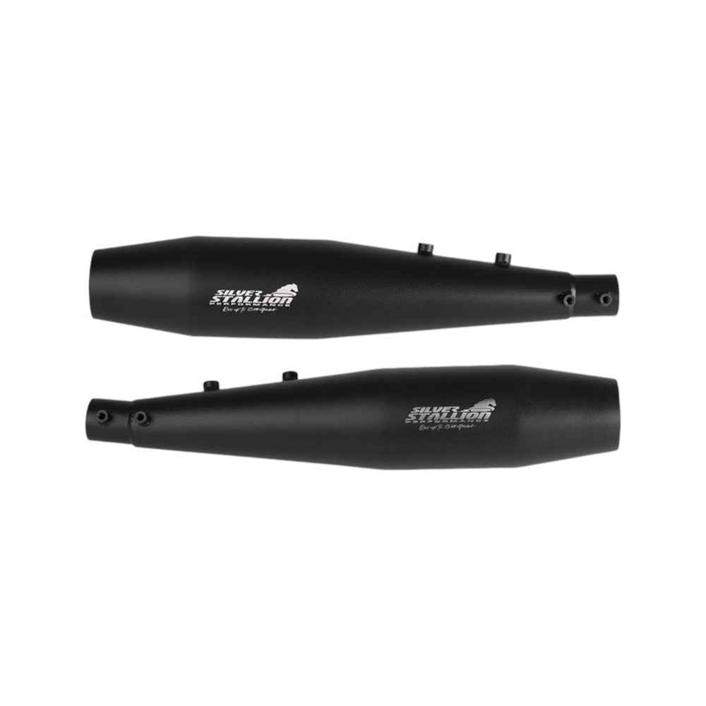 Motodrift Silver Stallion Performance matte black exhaust canisters for Royal Enfield Interceptor and GT 650 motorcycles.