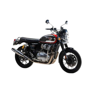 Motodrift Silver Stallion Performance exhaust installed on a red and chrome Royal Enfield Interceptor 650 motorcycle
