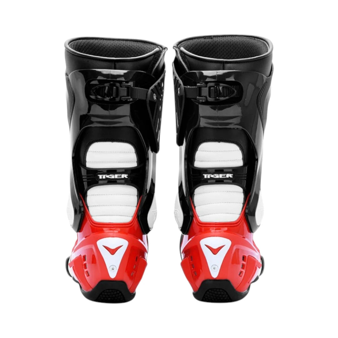 Motodrift TR Tiger X-ONE PRO motorcycle riding boots in red, white, and black with reinforced heel and ankle support.