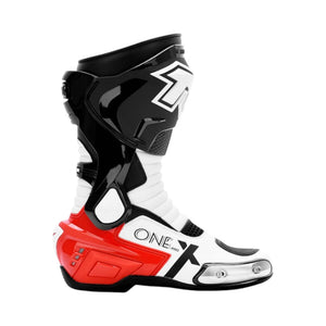 Motodrift TR Tiger X-ONE PRO motorcycle riding boots in red, white, and black with metal toe sliders and TPU armor.