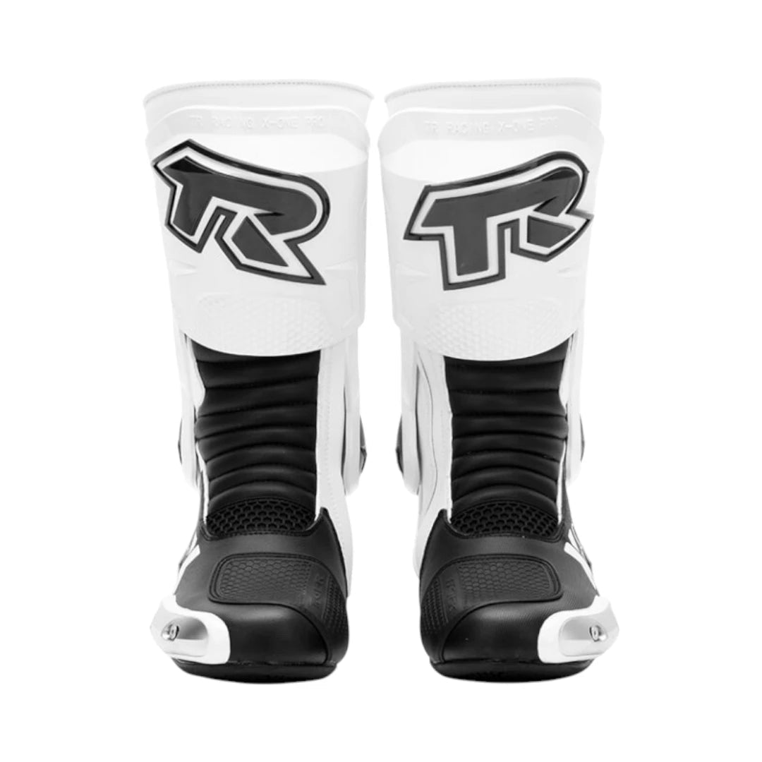 Motodrift TR Tiger X-ONE PRO motorcycle riding boots in white and black with metal toe sliders and ankle protection.