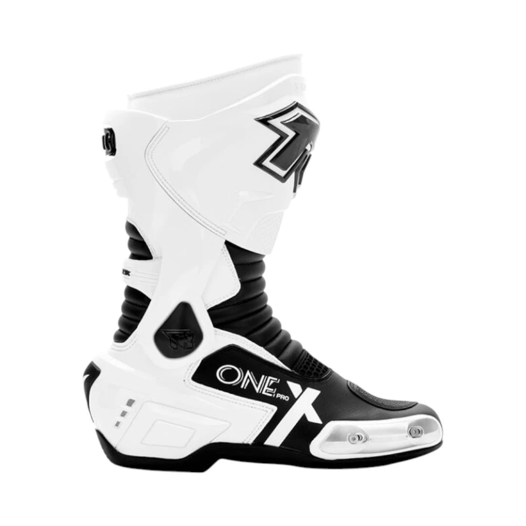Motodrift TR Tiger X-ONE PRO white and black motorcycle riding boots with reinforced TPU and metal toe sliders