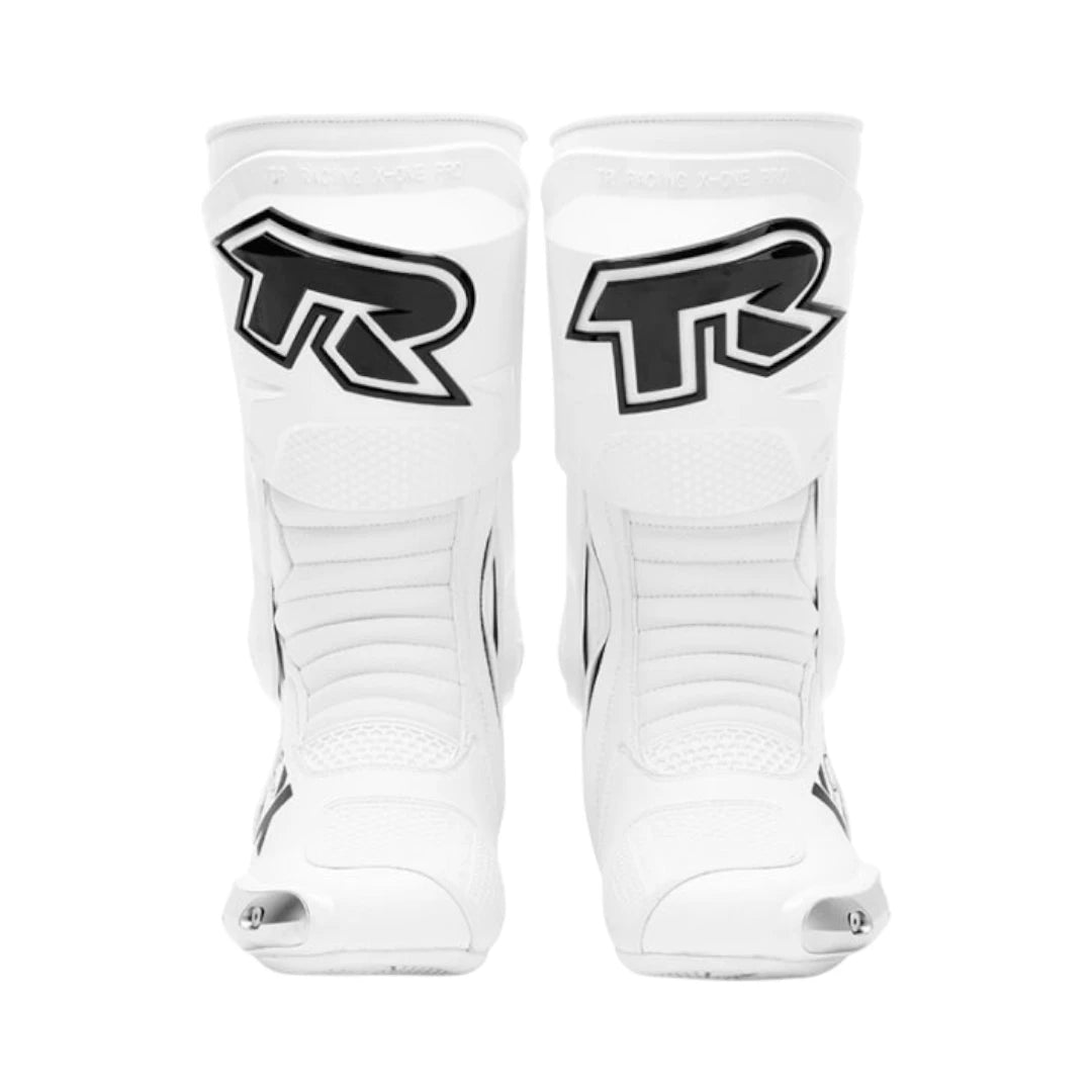 Motodrift TR Tiger X-ONE PRO white microfiber motorcycle riding boots with metal toe sliders and ankle protection.