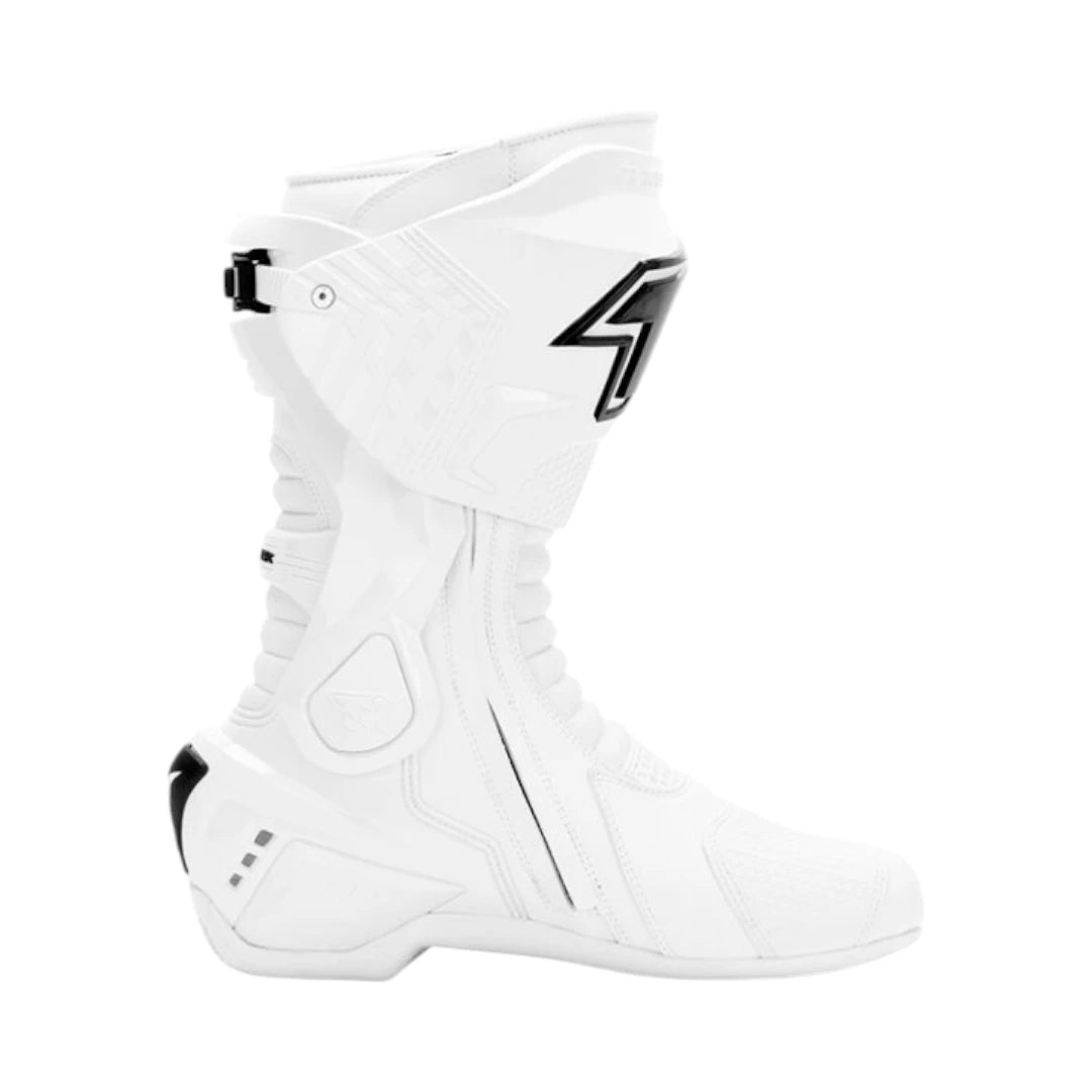 Motodrift TR Tiger X-ONE PRO white motorcycle riding boots with reinforced TPU protection and ankle support system.
