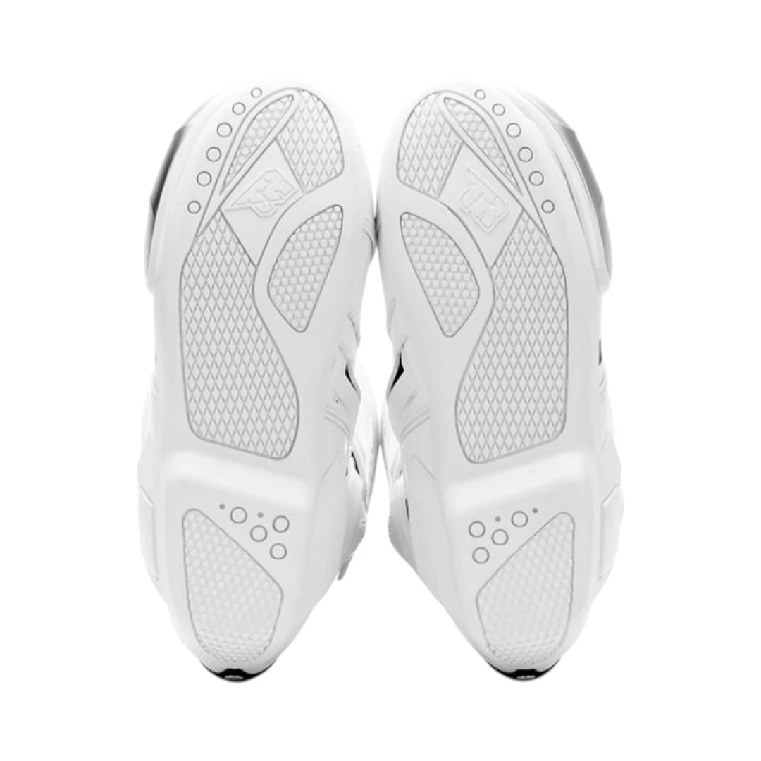 Motodrift TR Tiger X-ONE PRO white motorcycle riding boots showing the high-density composite rubber soles