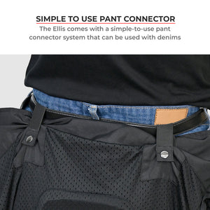 Motodrift ViaTerra Ellis women's riding jacket featuring a black mesh pant connector system attached to blue denim jeans.
