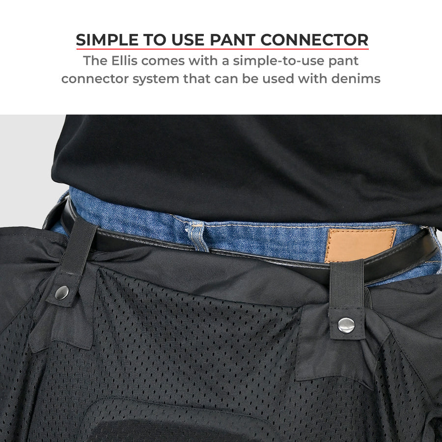 Motodrift ViaTerra Ellis women's riding jacket featuring a black mesh pant connector system attached to blue denim jeans.