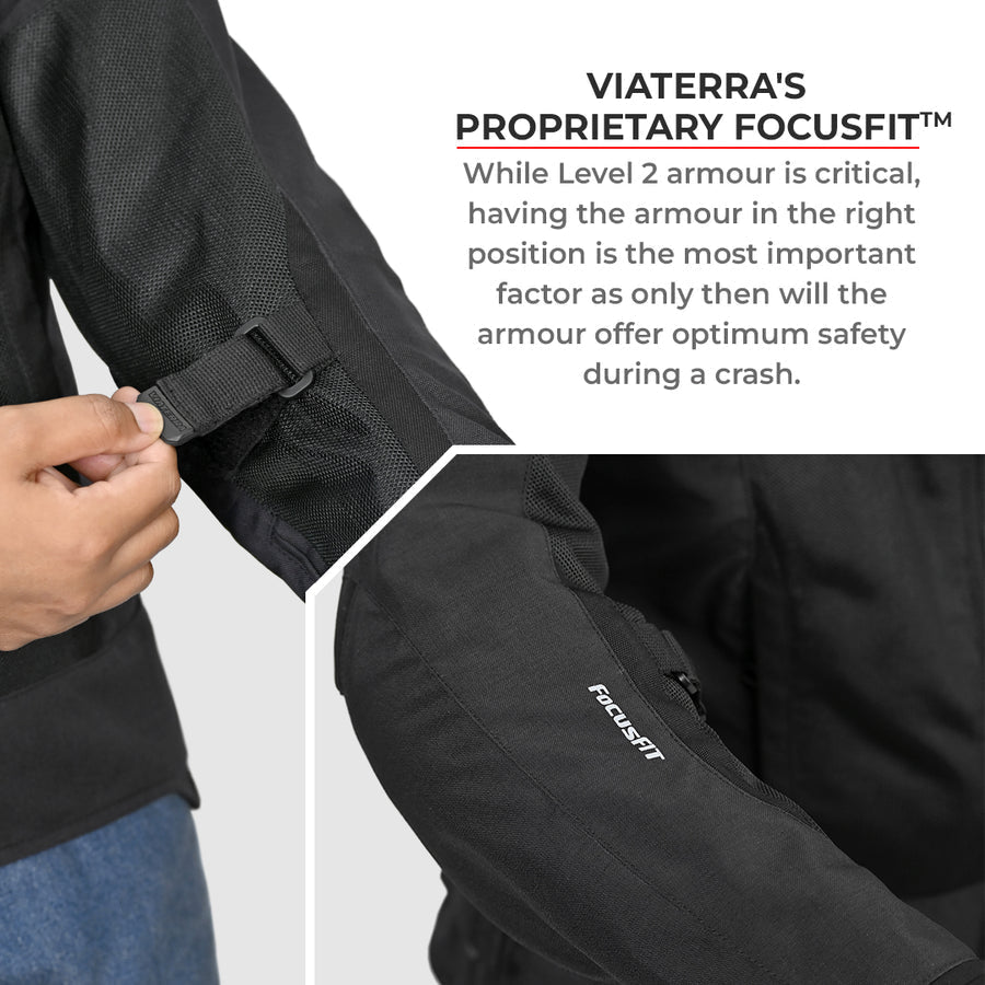 Motodrift ViaTerra Ellis women's riding jacket showing adjustable FocusFit armour straps on the sleeve for safety.