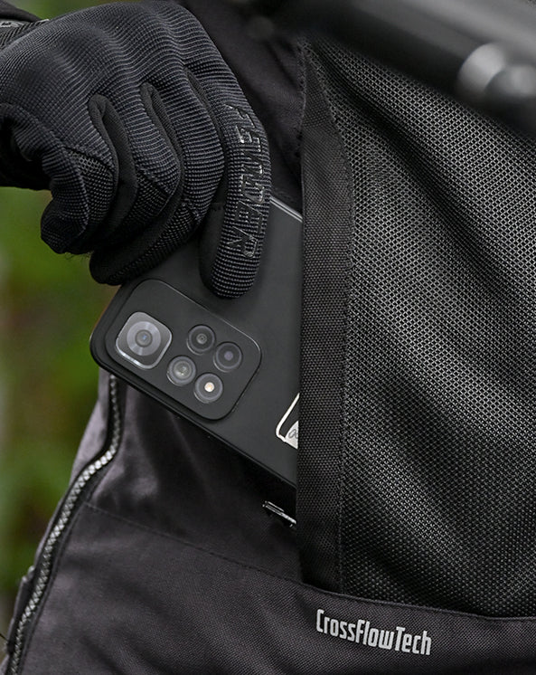 Motodrift ViaTerra Ellis women's riding jacket featuring a functional pocket and CrossFlowTech breathable mesh fabric.