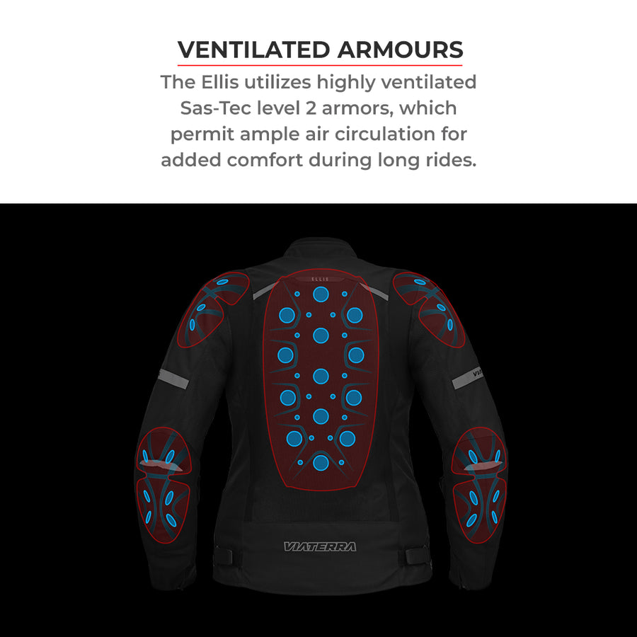 Motodrift ViaTerra Ellis women's riding jacket showing internal Sas-Tec level 2 ventilated armor placement
