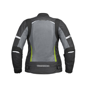 Motodrift ViaTerra Ellis women's riding jacket, back view, featuring grey mesh panels, black fabric, and reflective accents.