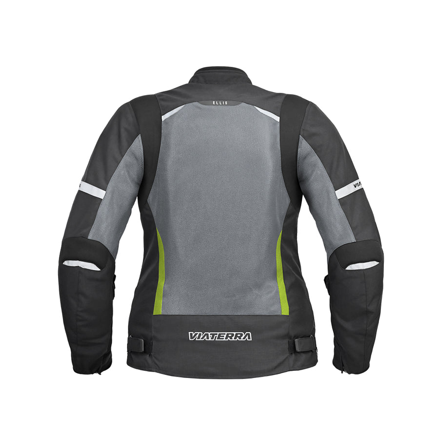 Motodrift ViaTerra Ellis women's riding jacket, back view, featuring grey mesh panels, black fabric, and reflective accents.
