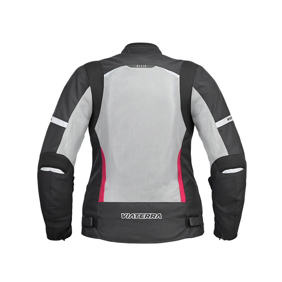 Back view of Motodrift ViaTerra Ellis women's riding jacket in black and grey with pink accents and reflective details.