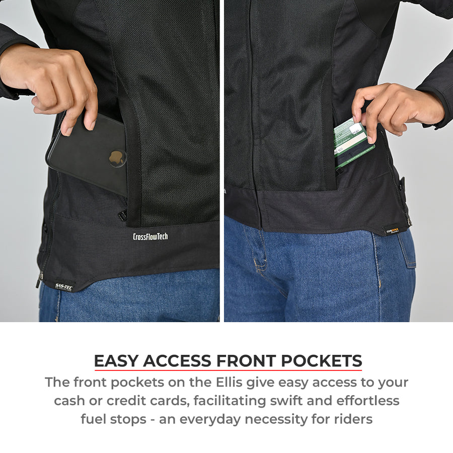 Motodrift ViaTerra Ellis women's black riding jacket showing convenient front pockets for easy access to essentials.
