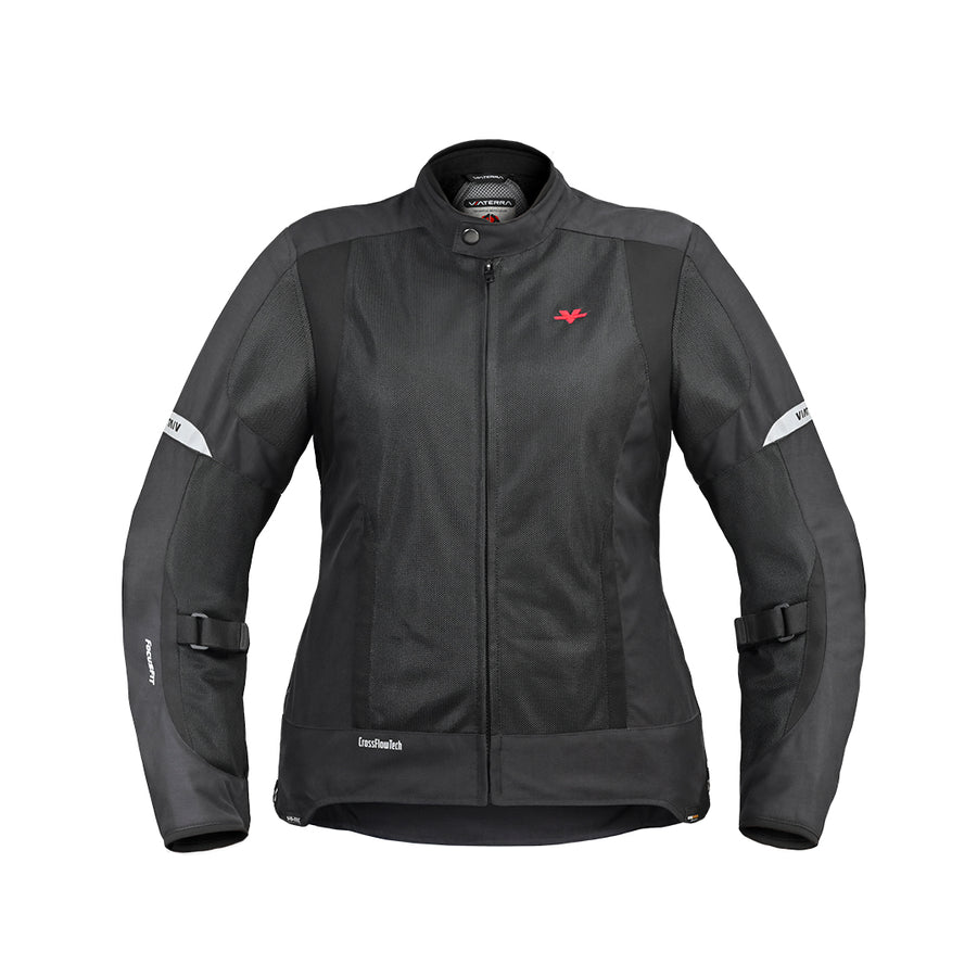 Motodrift ViaTerra Ellis women's black mesh motorcycle riding jacket with adjustable straps and reflective details.