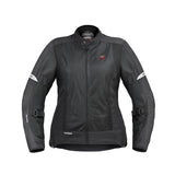 Motodrift ViaTerra Ellis women's black mesh motorcycle riding jacket with adjustable straps and reflective details.