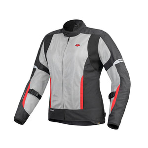 Motodrift ViaTerra Ellis women's grey and black mesh riding jacket with red accents and adjustable straps.