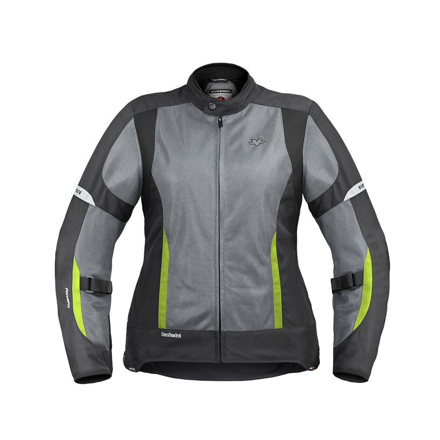 Motodrift ViaTerra Ellis women's grey and black mesh motorcycle riding jacket with neon green accents