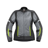 Motodrift ViaTerra Ellis women's grey and black mesh motorcycle riding jacket with neon green accents
