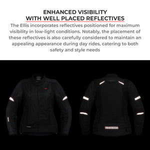 Motodrift ViaTerra Ellis women's black riding jacket showing front and back views with reflective safety details.