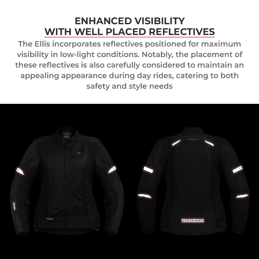 Motodrift ViaTerra Ellis women's black riding jacket showing front and back views with reflective safety details.
