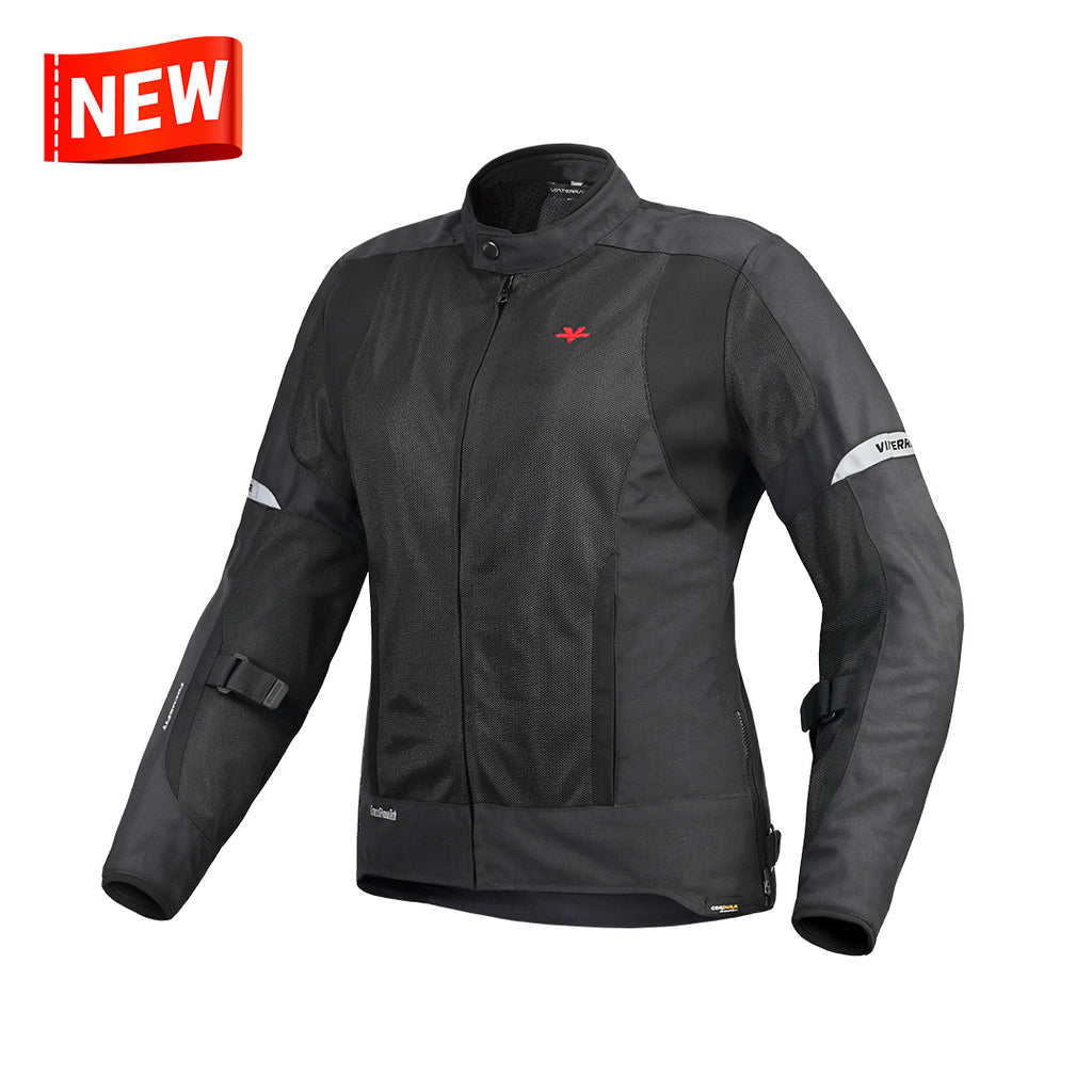 Motodrift ViaTerra Ellis women's black mesh motorcycle riding jacket with protective panels and reflective details.