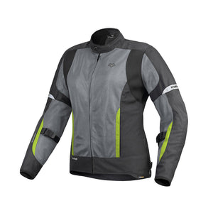 Motodrift ViaTerra Ellis women's grey and black mesh motorcycle riding jacket with neon green accents