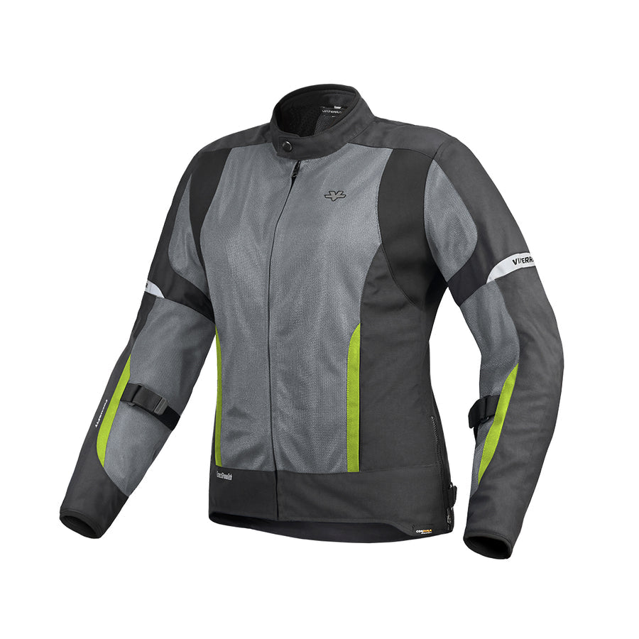 Motodrift ViaTerra Ellis women's grey and black mesh motorcycle riding jacket with neon green accents